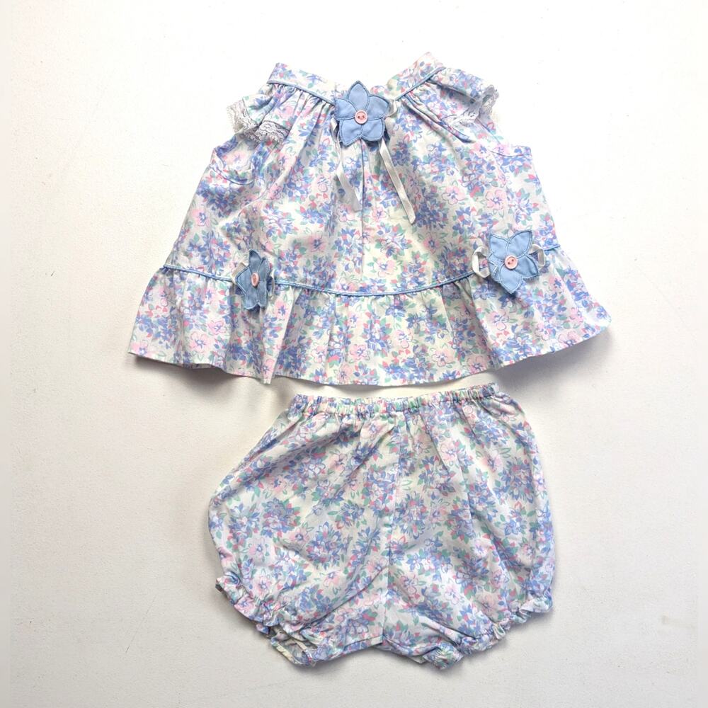 Vintage Allison Ann Outfit Baby Girls Size 6-9m Blue Floral Open Back